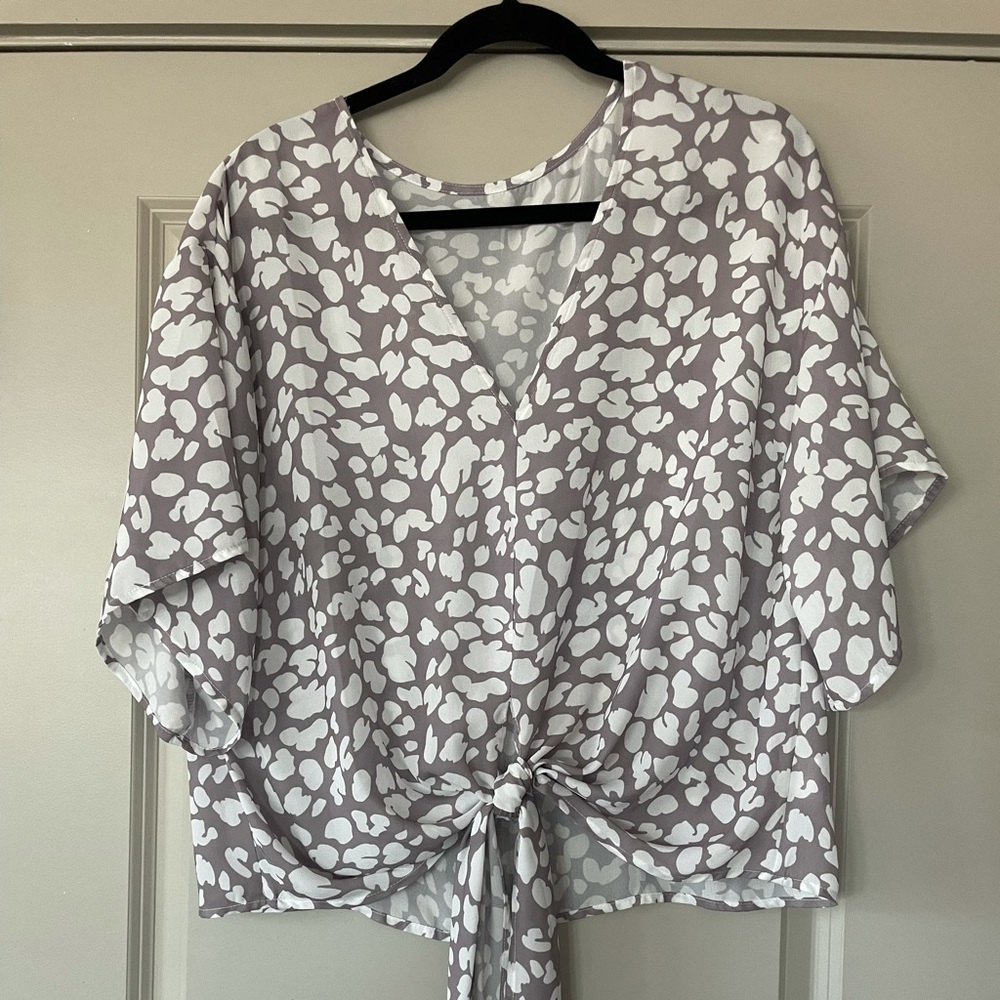 Grey leopard print front tie blouse